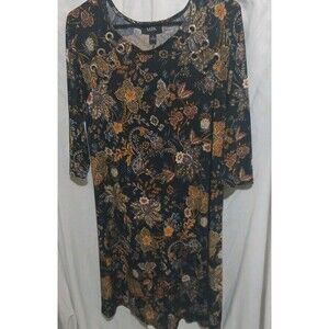 MSK Shift Dress Womens Black Multicolor Floral Stretch Mid Sleeve Round Neck L